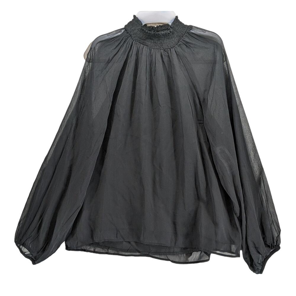 Joie Smocked Top S Black Sheer Long Sleeves‎ Lined Keyhole Blouse High Mock Neck